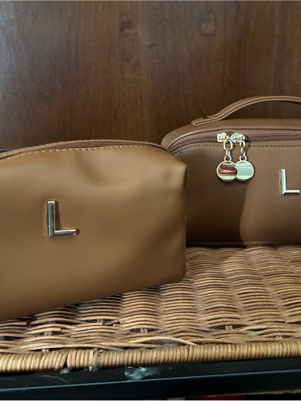 Cloudwings Tan Leatherette Cosmetic Pouch bags with Metallic 'L' Accent